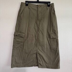 A.n.a.‎ Cargo Midi Skirt Women's 10 Olive Green High Rise Front Slit Stretch